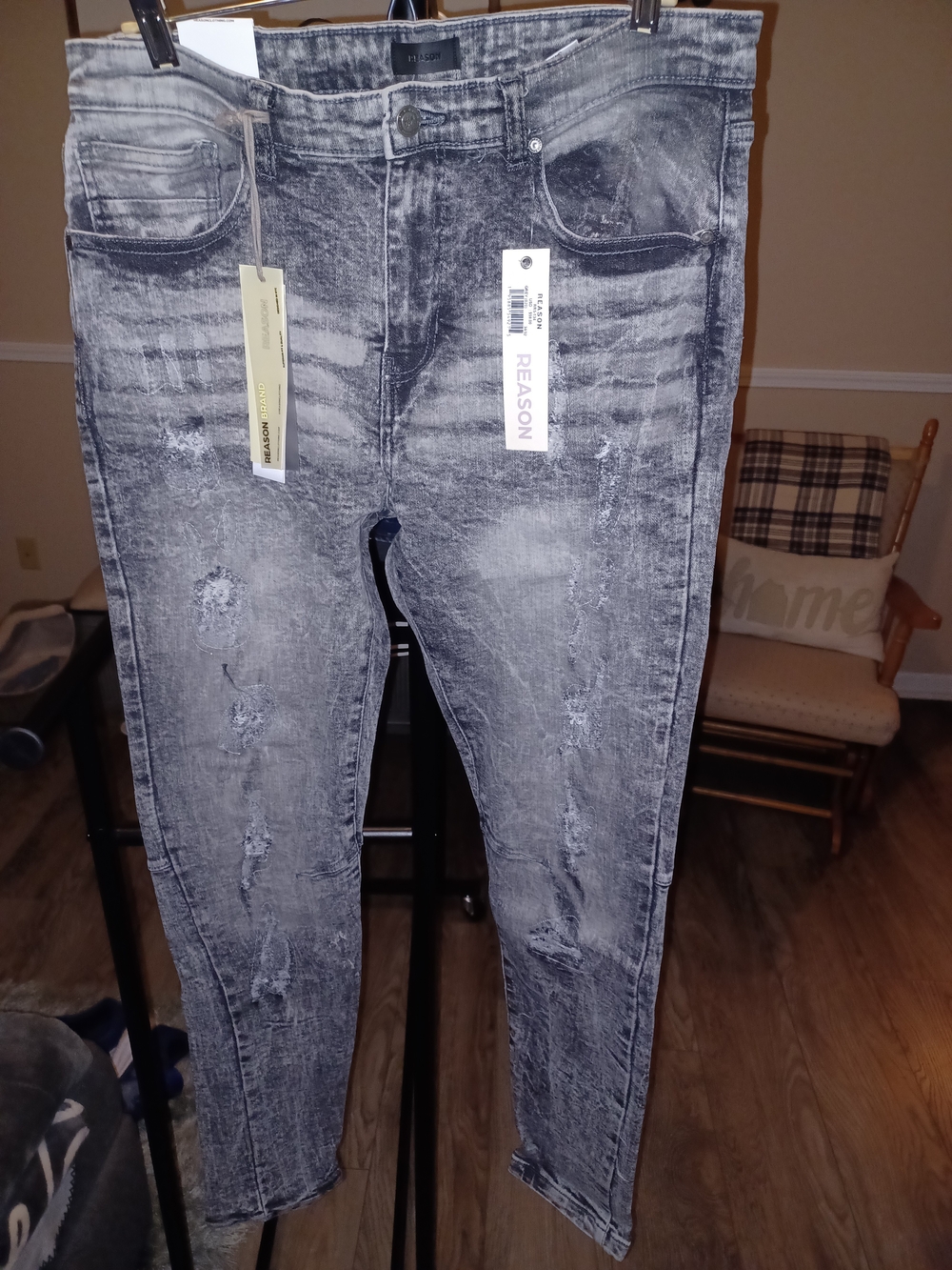 REASON Men's Distressed Grey Skinny Jeans